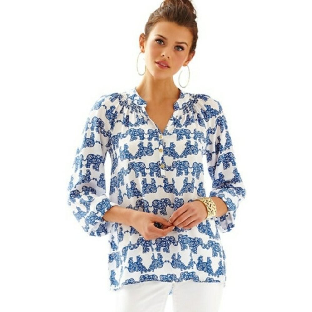 Lilly Pulitzer Elsa Pack Your Trunk Elephant Silk Blouse